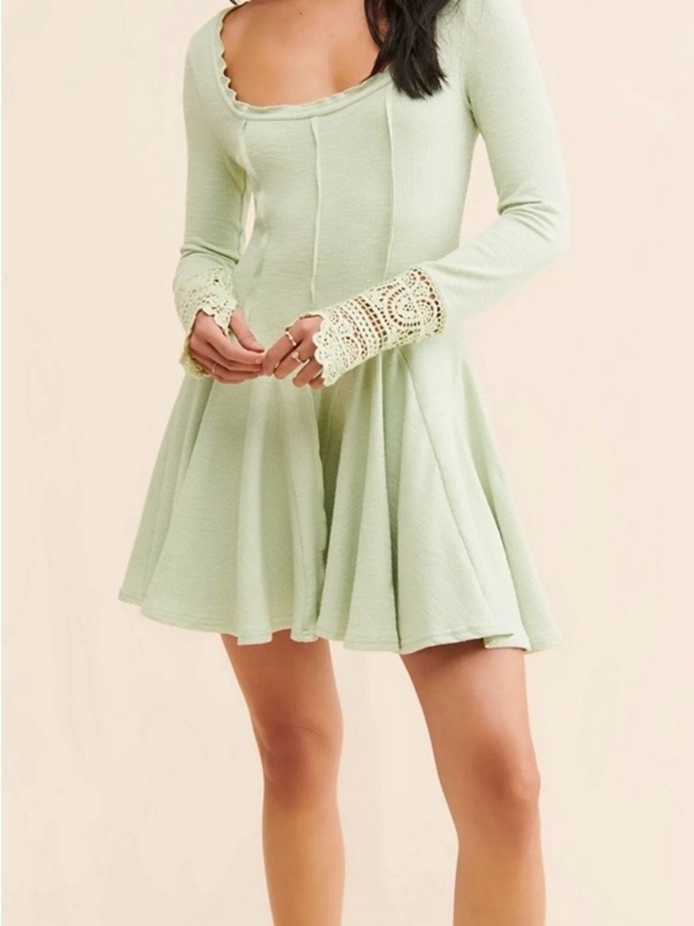 Free People Pale Green Crochet-Cuff Scoop Neck Mini Dress